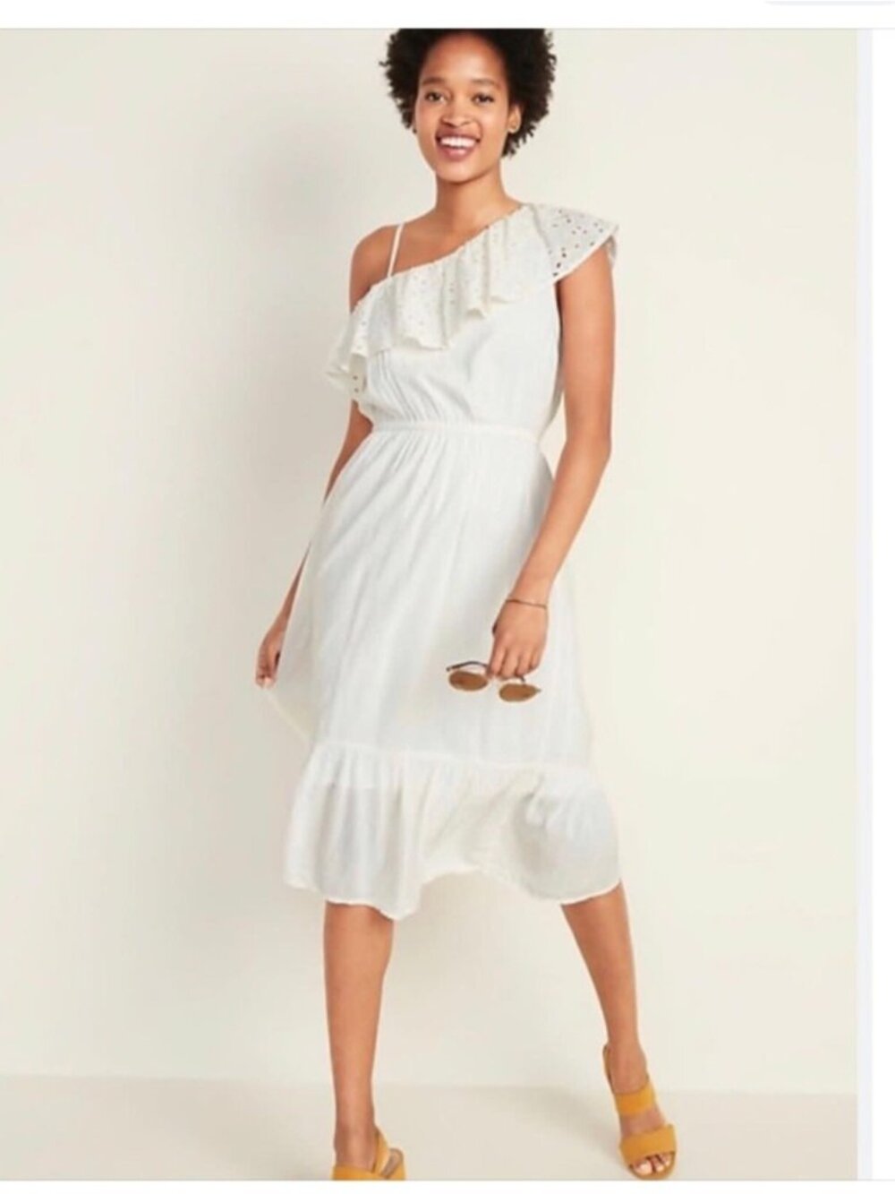 Old Navy White One Shoulder Eyelet Ruffle Midi Dress Woman XL Scandinavian NEW